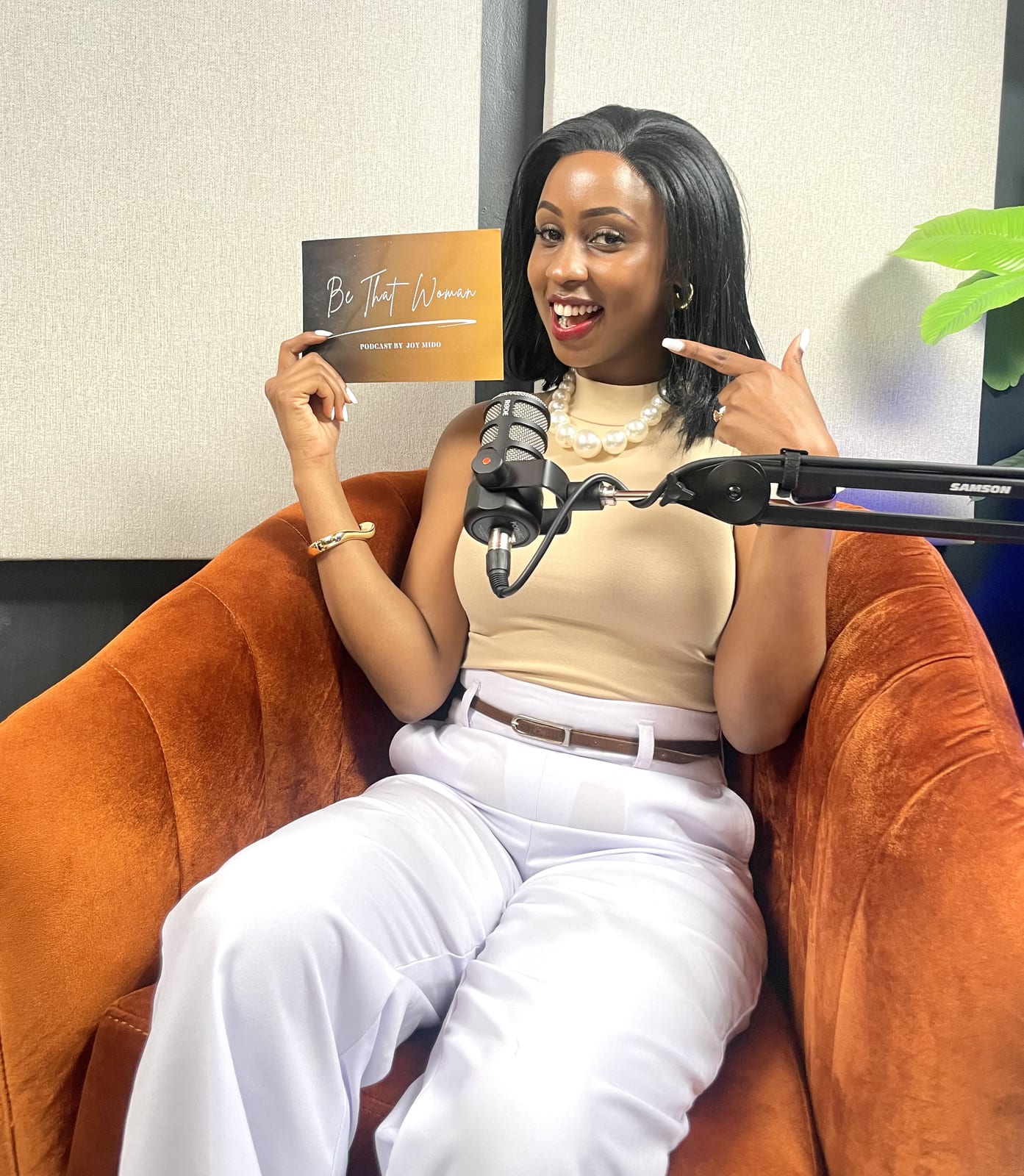 Joy Mido on set for Be That Woman Podcast